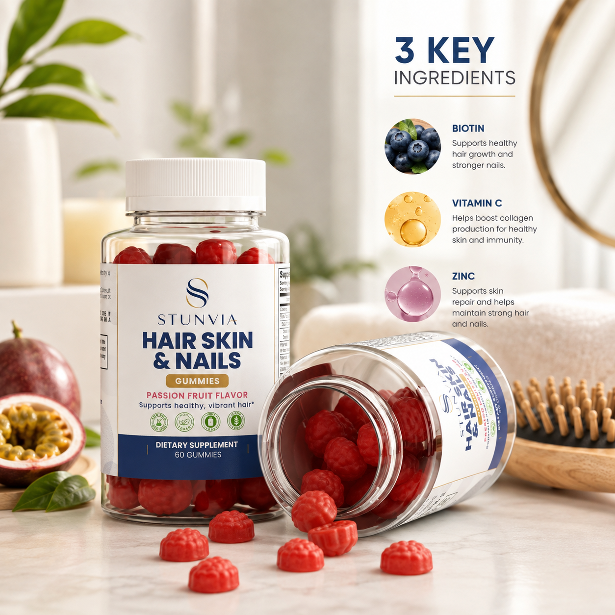 Stunvia Hair Skin & Nails Gummies (Passion Fruit)